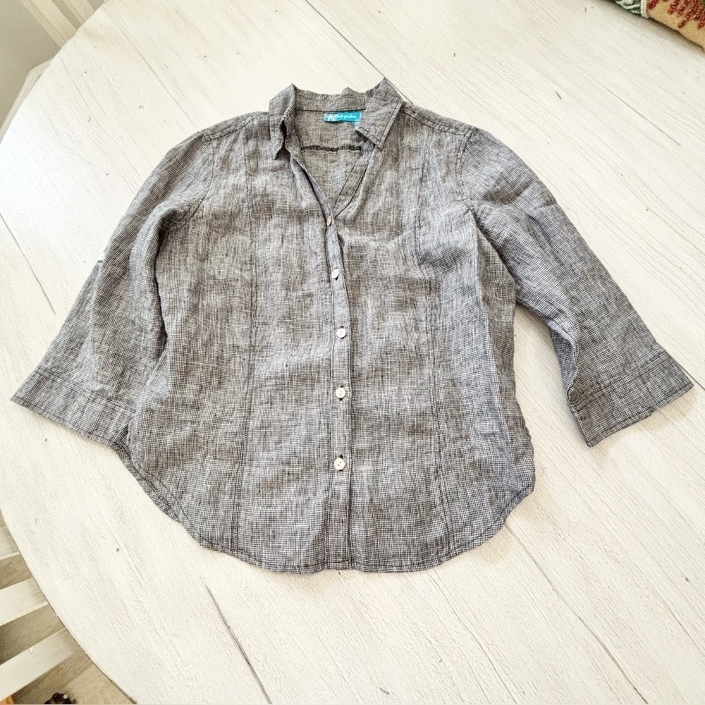 FRESH PRODUCE Women’s Gray Micro Plaid 3/4 Roll Tab Sleeve Button Up Top Size S
